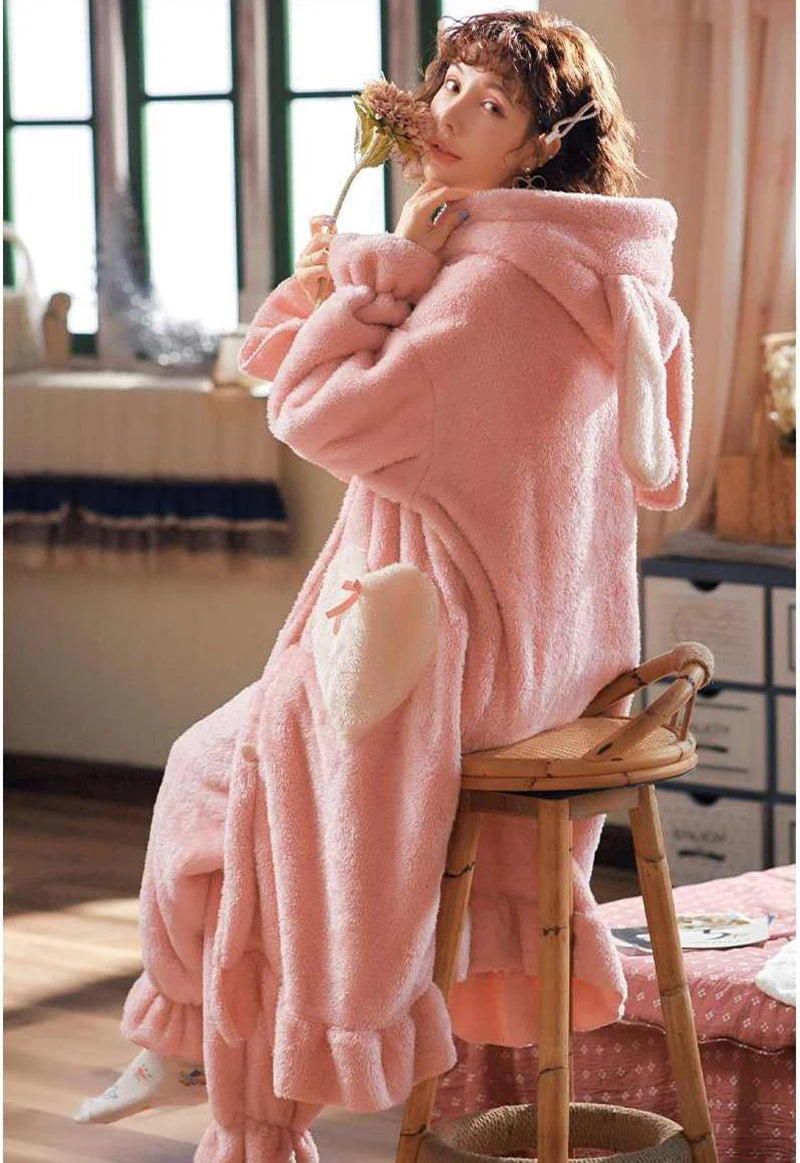 Winter Flannel Pajamas Set For Women Animal Thick Warm Sleepwear Hooded Nightgown With Pants Loose Pyjamas Suit Homewear Clothes.