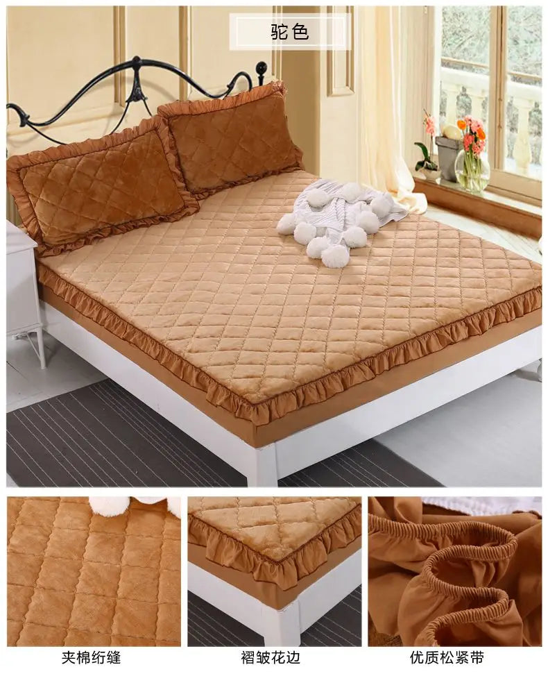 Fashion Flannel Bed Fitted Sheet Quilted Mattress Cover Soft and Comfortable Lace Fit Elastic Band Bed Sheet