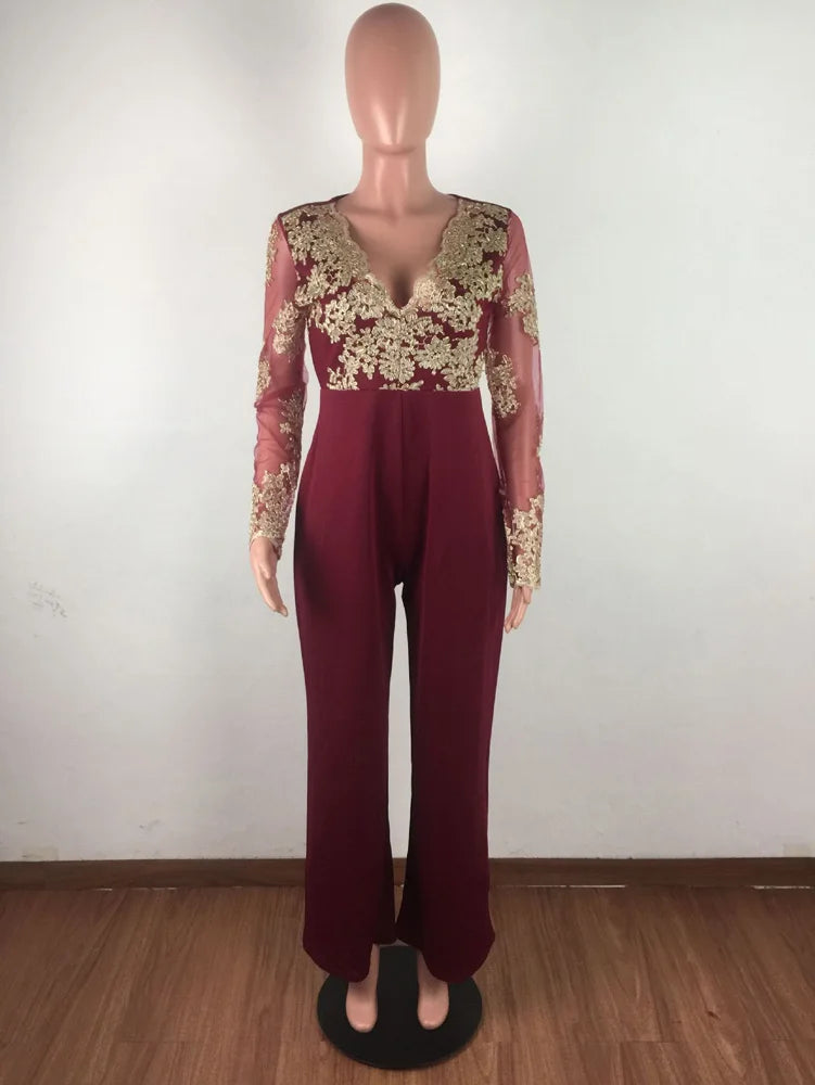 Wide Leg Casual Overalls Sexy Women V-Neck Elegant Lace Straight Party Jumpsuit Romper.