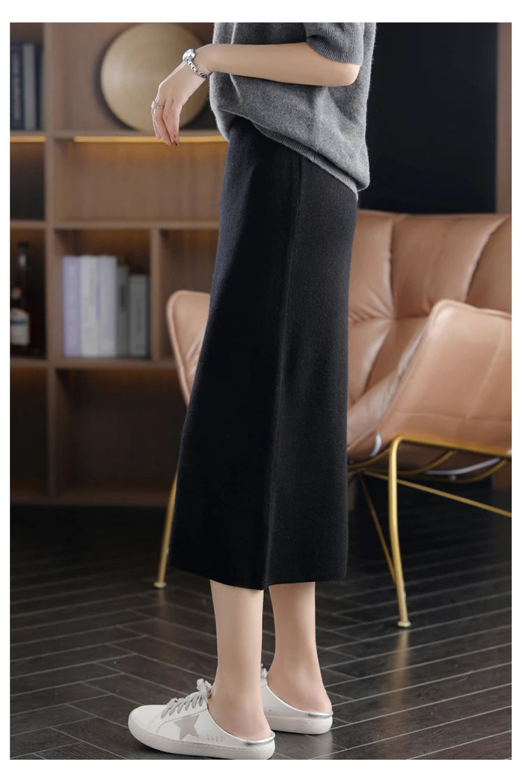 2024 Autumn Winter New 100%Pure Wool Knit Long Skirt Women Casual Thick Korean High Waist Pack Hip Cashmere Wild A-Line Skirt