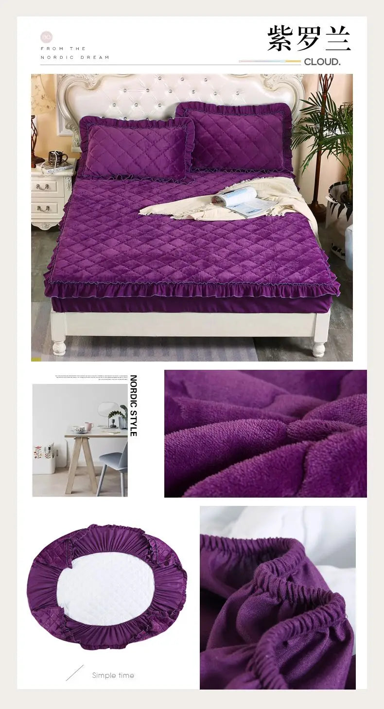 Fashion Flannel Bed Fitted Sheet Quilted Mattress Cover Soft and Comfortable Lace Fit Elastic Band Bed Sheet