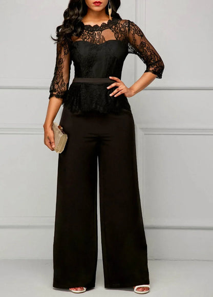 Elegant Sexy Jumpsuits Women Long Sleeve Lace Patchwork Jumpsuit Loose Trousers Wide Leg Pants Rompers Holiday Black Overalls.