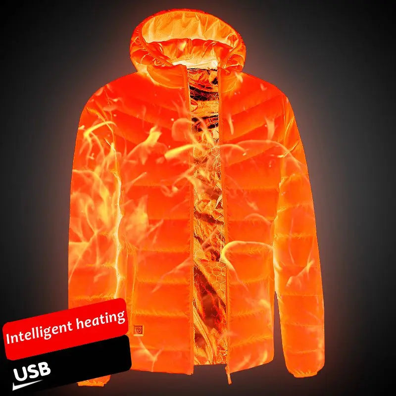 Men's parka Winter Warm USB Heating Jackets Smart Thermostat Pure Color Hooded Heated Clothing male bobojaco Warm padded jacket.