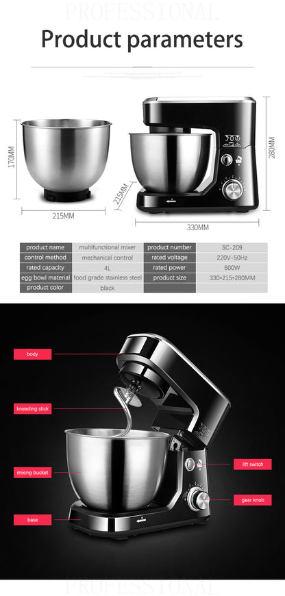 AC220-240V 50-60HZ 600W POWER 4L bowl Powerful home use mini food mixer hand mixer stand mixer Polupar Dough Cream Mixer muliuse.