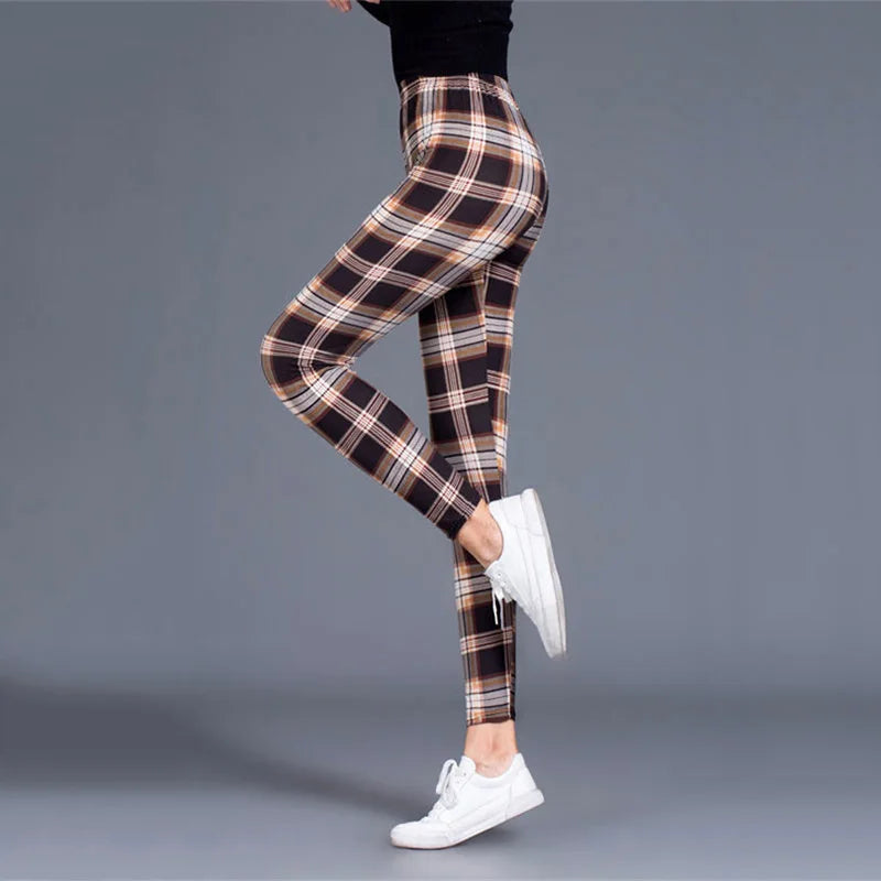 CUHAKCI Mode Plaid Druck Leggings Frauen Sexy Fitness Leggins Grid Floral Streifen Hosen Hohe Taille Bleistift Hosen.