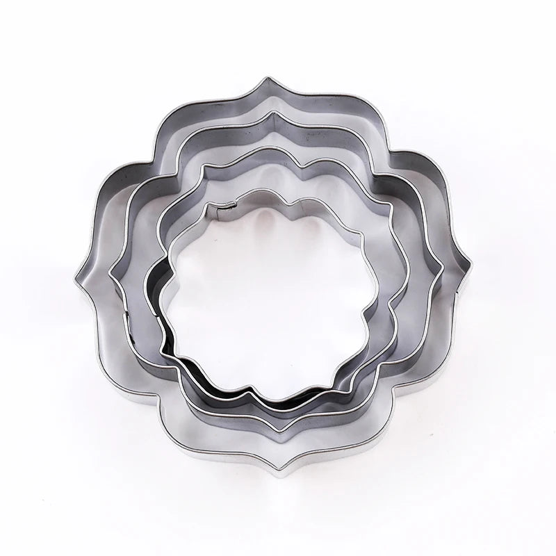 FAIS DU 4Pcs Stainless Steel Cookie Mold Stamper Nameplate DIY Biscuit Blessing Circle Flower Frame Cake Decoration Backware.