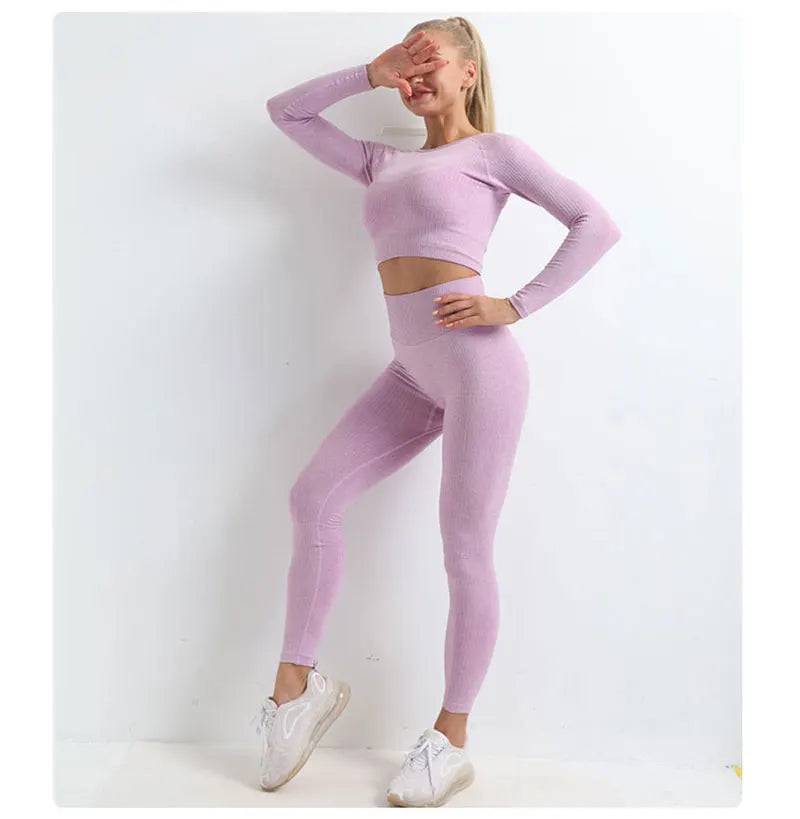 Women Seamless Fitness Yoga Suit Knitt Workout Long Sleeve Crop Top Sports Bra High Waist Running Leggings Gym Clothing 2/3Pcs.