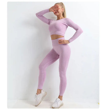 Women Seamless Fitness Yoga Suit Knitt Workout Long Sleeve Crop Top Sports Bra High Waist Running Leggings Gym Clothing 2/3Pcs.