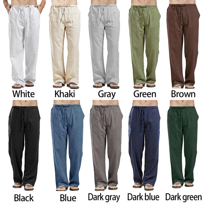 Men's Cotton Linen Long Pants Summer Solid Color Breathable Linen Trousers Male Casual Elastic Waist Casual Pants Harajuku Trous.