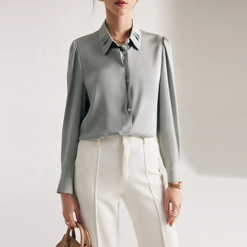 Birdtree 19Mm 90% Silk 10% Spandex Dress Shirts Women Turn Down Collars Pleated Tops Long Sleeve Office Blouses Autumn T36521JM.