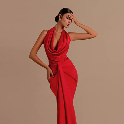 Sexy Swinging Collar Backless Pleated Long Dress Women Red Stain Sleeveless Draped Design Long Dress Club Party Women Maxi Dress.