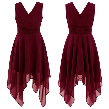 Blumenmädchen-Chiffonkleid mit floraler Spitze, Sommer, ärmellos, hoher, niedriger Saum, formelles Hochzeitskleid für Brautjungfer, Junior, Prinzessin.