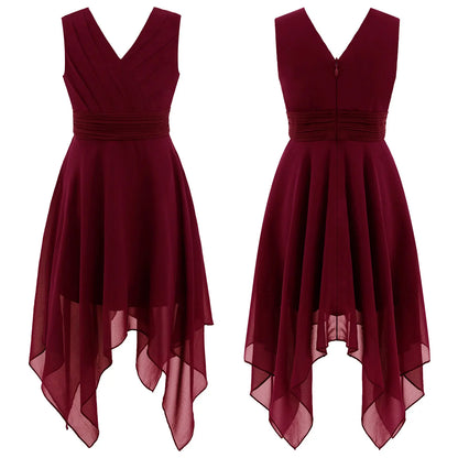 Blumenmädchen-Chiffonkleid mit floraler Spitze, Sommer, ärmellos, hoher, niedriger Saum, formelles Hochzeitskleid für Brautjungfer, Junior, Prinzessin