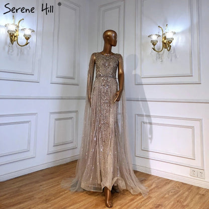 Taupe Cape Sleeves O Neck Beaded Evening Dresses Serene Hill LA70638 Mermaid Party Wear Gowns for Women.