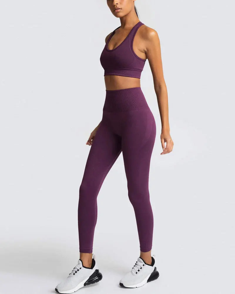 High Waist Elastic Seamless Yoga Wear Women Fitness Clothes Gym Clothing Workout Set Long Sleeve Crop Top Leggings Sports Suit.