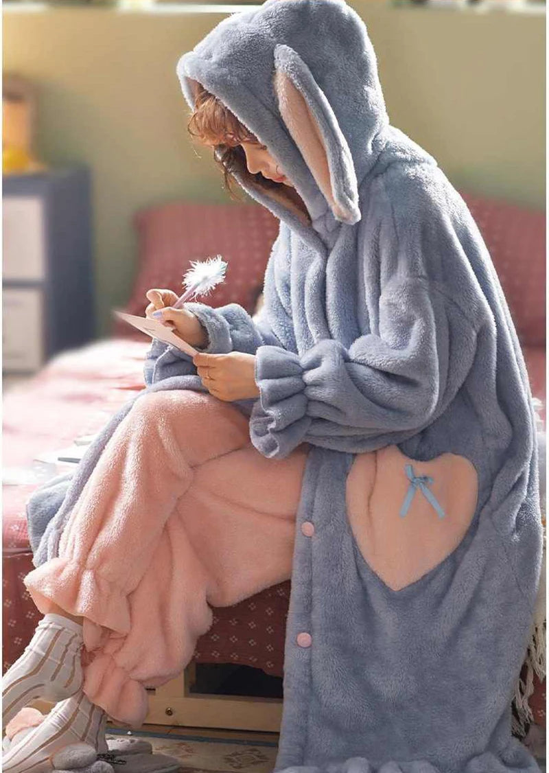 Winter Flannel Pajamas Set For Women Animal Thick Warm Sleepwear Hooded Nightgown With Pants Loose Pyjamas Suit Homewear Clothes.