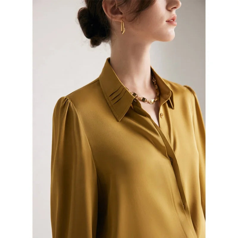 Birdtree 19Mm 90% Silk 10% Spandex Dress Shirts Women Turn Down Collars Pleated Tops Long Sleeve Office Blouses Autumn T36521JM.