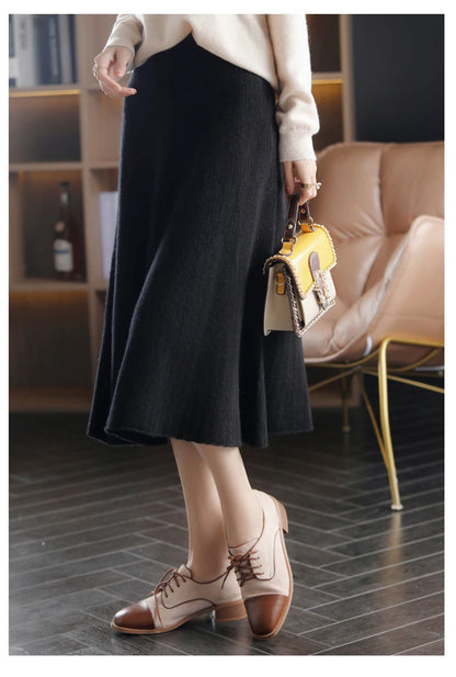 2025 Autumn New High-Waist 100%Pure Wool Pleated Long Skirt Women's Knit Base Skirt Fashion Pack Hip A-Line Cashmere Large Skirt