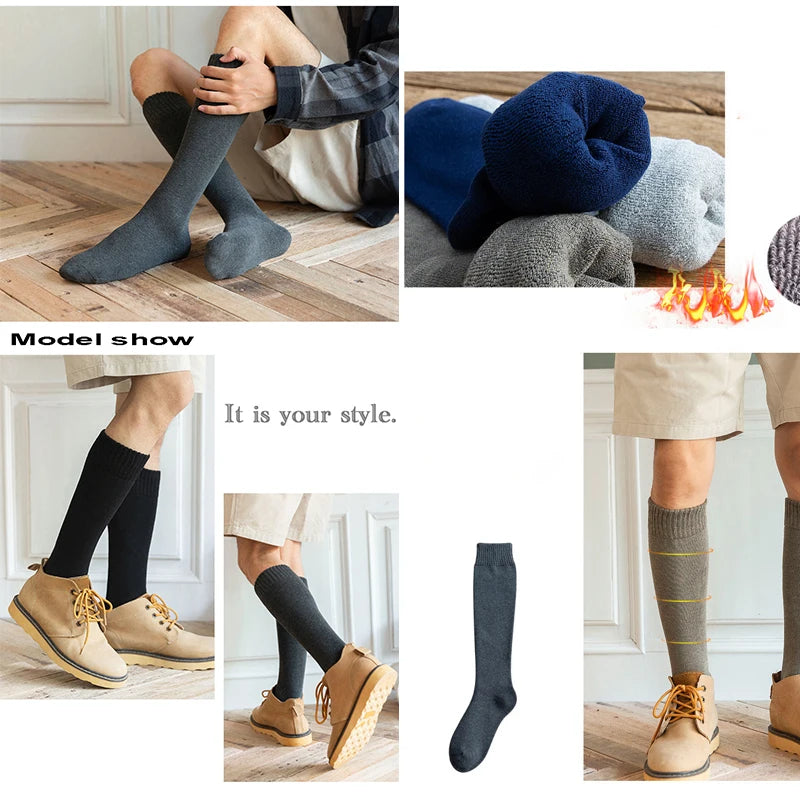 6PCS=3Pairs Men's Winter Compression Stocking Warm Hot Knee High Long Leg Terry Socks Warm Thicken Cover Calf Socks Size 38-44.