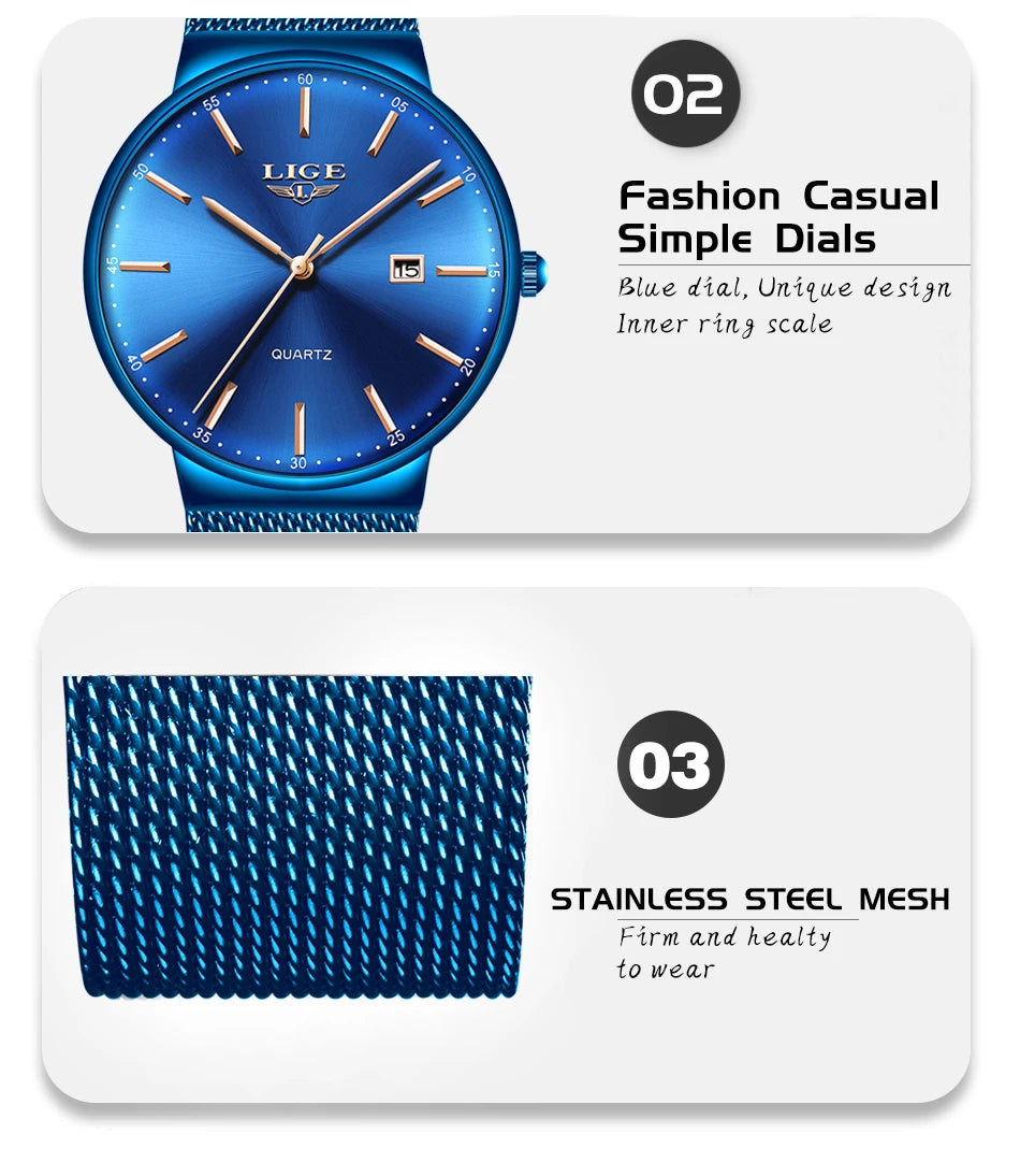 LIGE Fashion Luxury Womens Watch Ultra-thin Steel Mesh Strap Quartz Wristwatch Women Clock Casual Waterproof Watches Reloj Mujer.