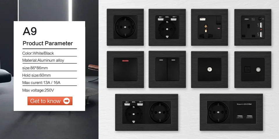 SRAN EU16A 250V Wandsteckdose mit Schalterknopf Steckdose Russland Spanien Edelstahl Glas PC Panel Steckdosen.