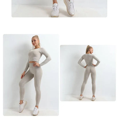 Women Seamless Fitness Yoga Suit Knitt Workout Long Sleeve Crop Top Sports Bra High Waist Running Leggings Gym Clothing 2/3Pcs.