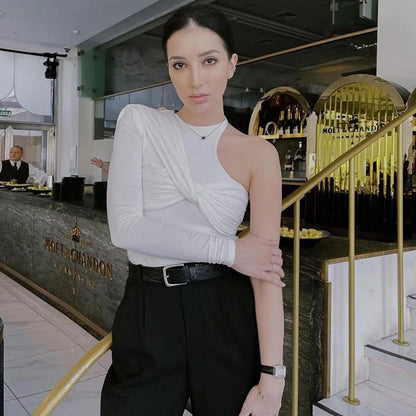 Cryptographic One Shoulder Sexy Backless Twist Bodysuits Women Long Sleeve Top Slim High Waist Bodysuit Club Party Streetwear