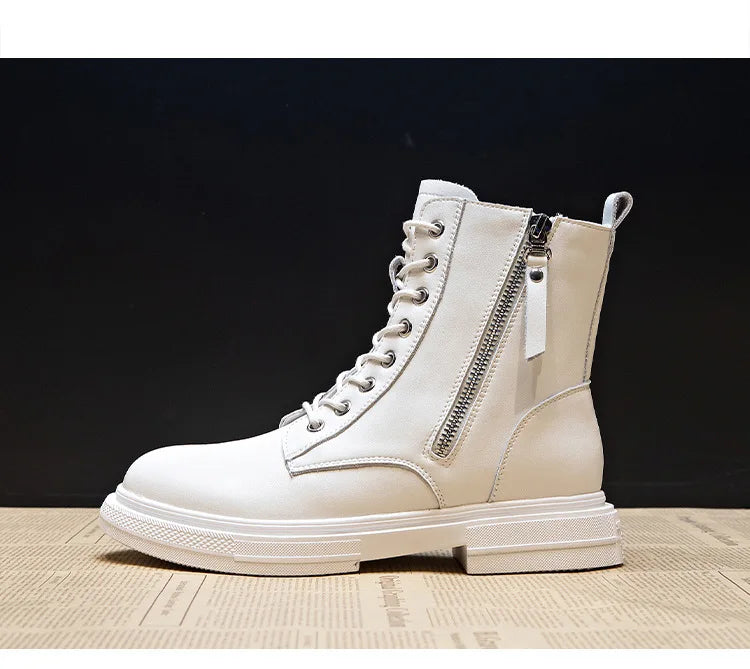 WOIZGIC Women's Ladies Genuine Leather Female Shoes Ankle Boots Platform Lace Up Warm Winter Autumn Fur Plush Motorcycle.