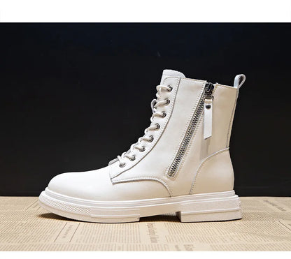 WOIZGIC Women's Ladies Genuine Leather Female Shoes Ankle Boots Platform Lace Up Warm Winter Autumn Fur Plush Motorcycle.