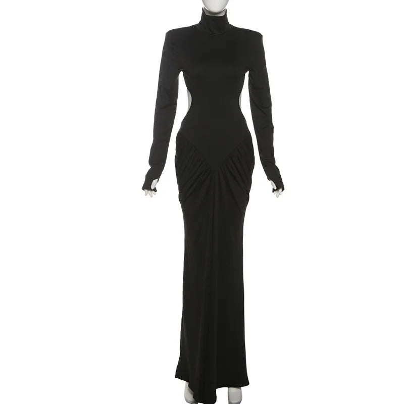 Sexy Backless Long Dress for Women Turtleneck Evening Party Ruched Dress Elegant Solid Long Sleeve Streetwear Maxi Dress 3472.