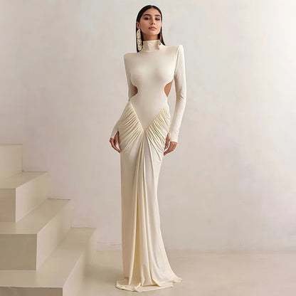 Sexy Backless Long Dress for Women Turtleneck Evening Party Ruched Dress Elegant Solid Long Sleeve Streetwear Maxi Dress 3472.