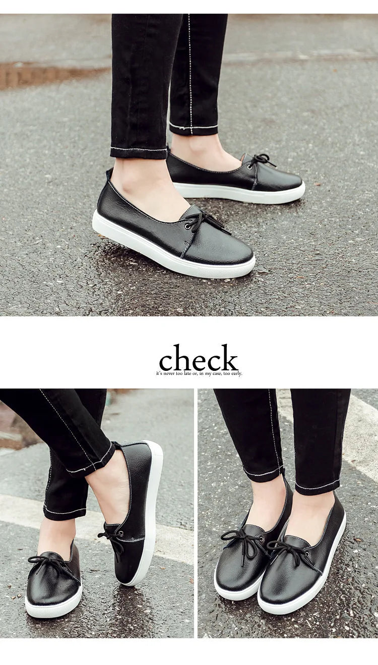 WOIZGIC Women Students Gril Female Genuine Leather White Shoes Flats Platform Lace Up Korean Casual Vulcanized Shoes FEZ-173.