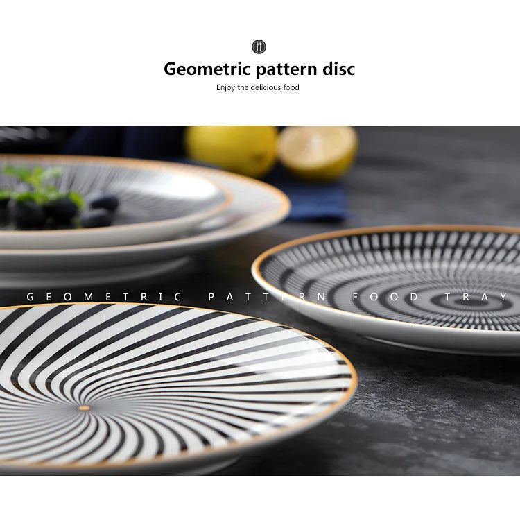Geometric Design Gold Plating Meal Plate Porcelain Kitchen Dinner Plates Ceramics Food Tray Salad Dish 6/8/10 Inch 1Pcs.