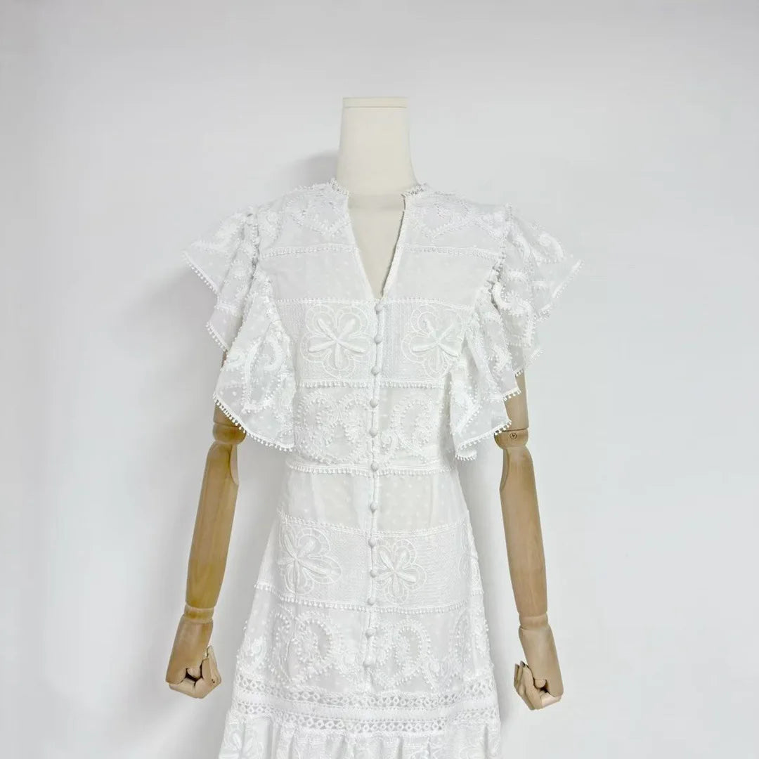 New Summer Elegant Embroidered Flowers Lotus Sleeves V-neck Woman Dress Lady Cotton Casual Dress.