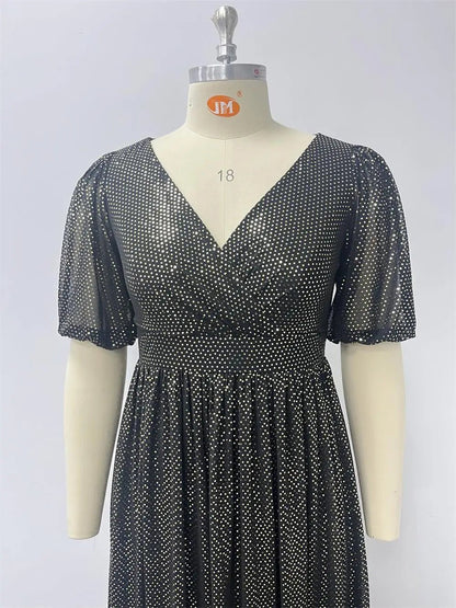 Trendy Luxury Plus Size Women Elegant Evening Dresses Short Sleeve A-line Shiny Party Dresses Women Church Dresses With Lining.