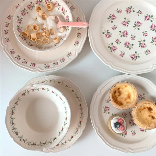 Ceramic Plate French Style Retro Floral Reliefs Food Plate Yogurt Salad Bowl Dessert Plate Dish Dinner Wedding Set Dinner Plates.