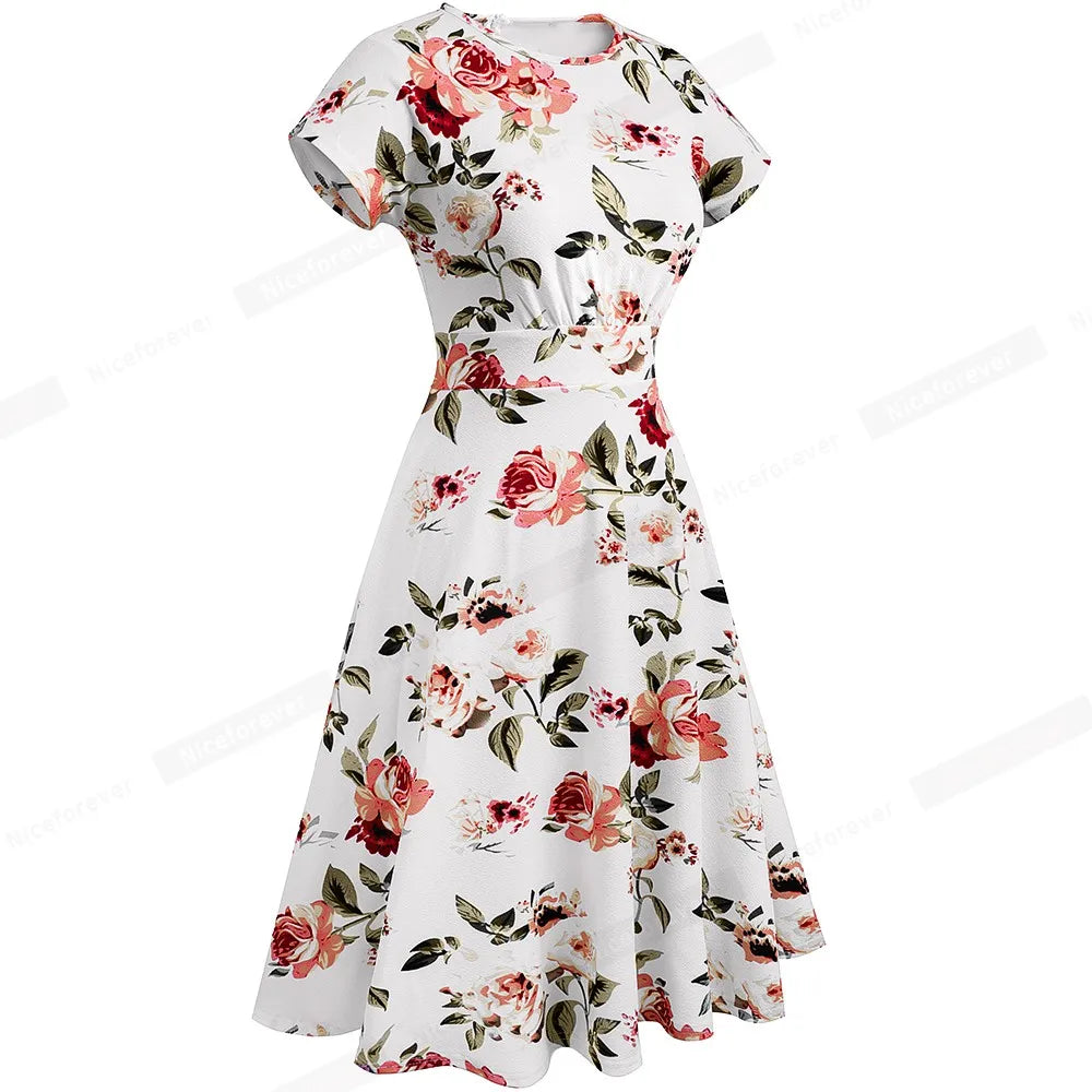 Nice-forever Vintage Elegante Blumen Druck Plissee Rundhals vestidos A-Line Pinup Business Party Frauen Flare Swing Kleid A102