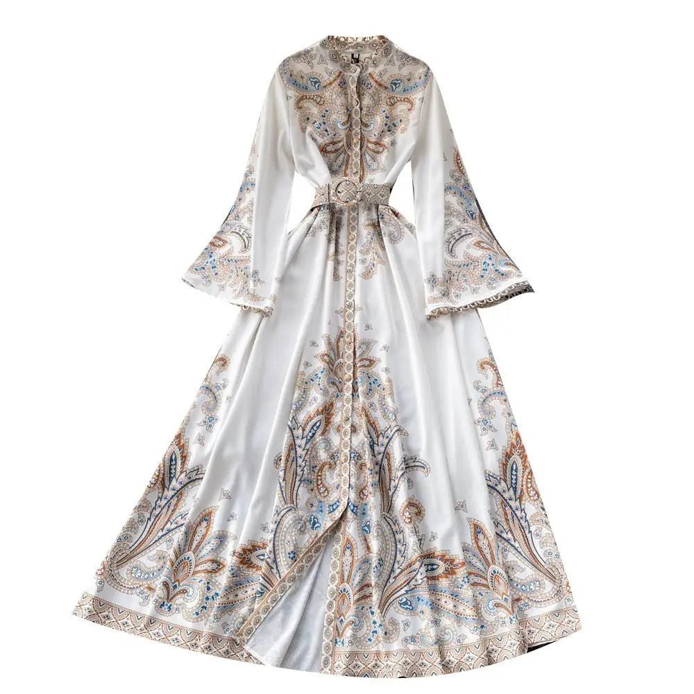 Fall Vintage Stand Collar Casual Midi Dress For Women Flare Sleeve Empire Printed Lace Dress.