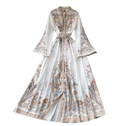 Fall Vintage Stand Collar Casual Midi Dress For Women Flare Sleeve Empire Printed Lace Dress.