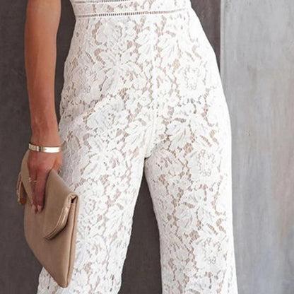 Solid Lace Jumpsuits Women Sleeveless Romper High Waist V-Neck Wide Leg Playsuits and Jumpsuit Women bodysuit Combinaison femme