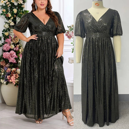 Trendy Luxury Plus Size Women Elegant Evening Dresses Short Sleeve A-line Shiny Party Dresses Women Church Dresses With Lining.