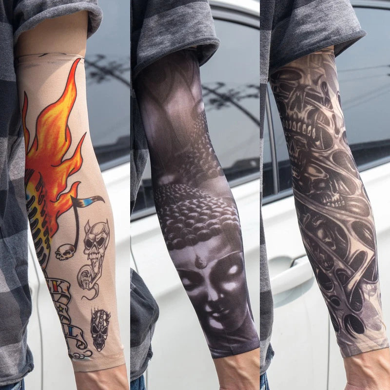3PCS/lot new mixed 100%Nylon elastic Fake temporary tattoo sleeve skull wolf totem dragon designs body Arm stockings cool men