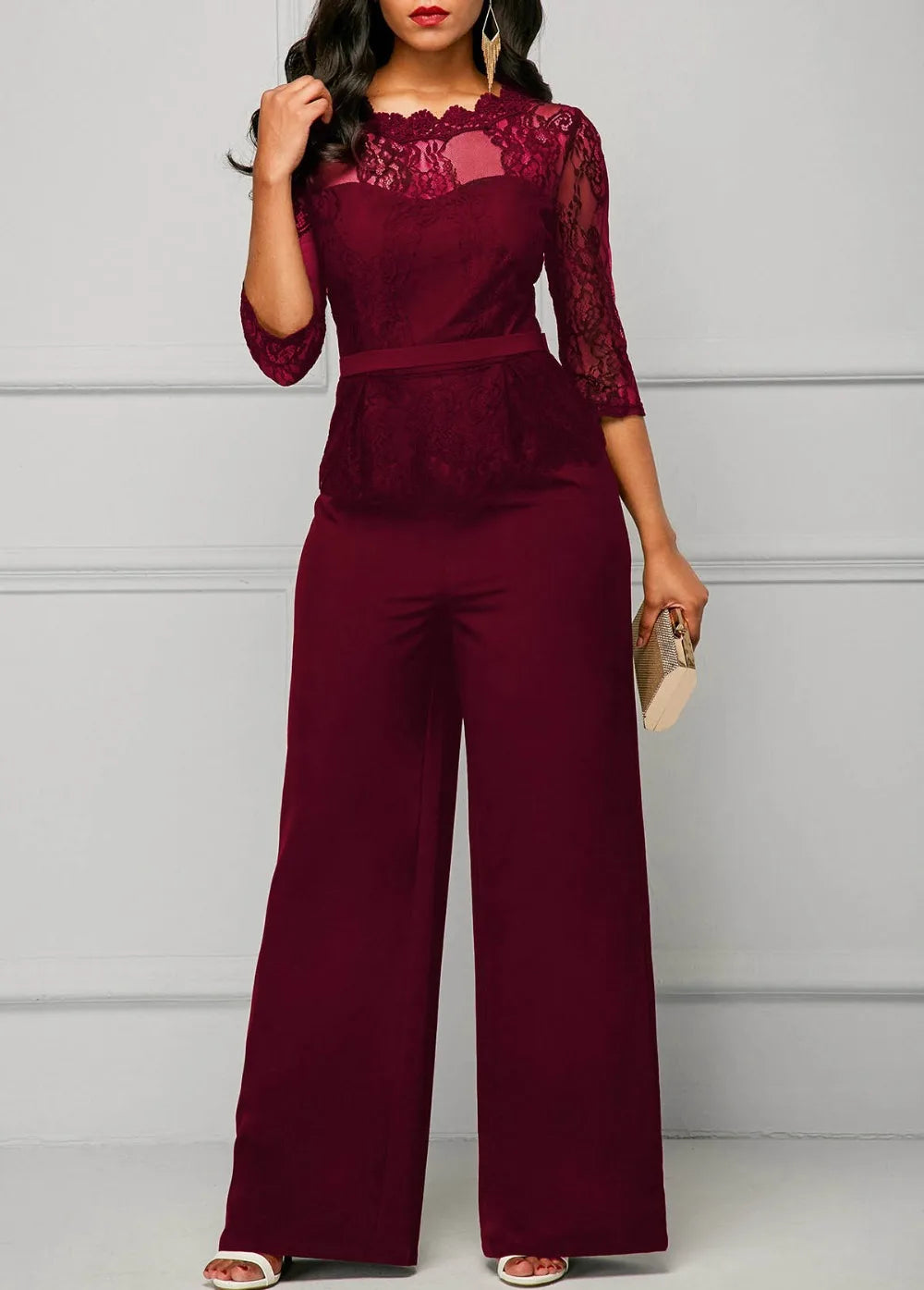 Elegant Sexy Jumpsuits Women Long Sleeve Lace Patchwork Jumpsuit Loose Trousers Wide Leg Pants Rompers Holiday Black Overalls.