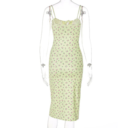 Hugcitar 2025, ärmellos, Satin, Slip, Blumenmuster, gerüscht, Bandage, Ausschnitt, Maxikleid, Frühling, Damenmode, sexy Party, Club, Robe Kpytomoa.