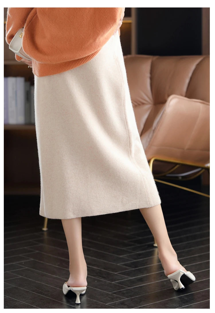 2024 Autumn Winter New 100%Pure Wool Knit Long Skirt Women Casual Thick Korean High Waist Pack Hip Cashmere Wild A-Line Skirt.