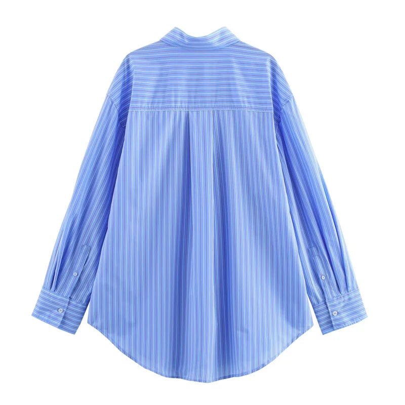 ZATRHMBM women's clothing 2025 new fashion striped loose shirt retro lapel long-sleeved casual female tops.