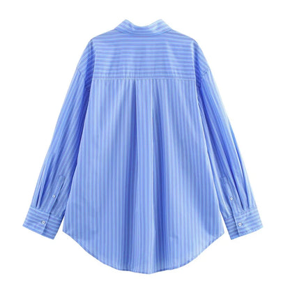 ZATRHMBM women's clothing 2025 new fashion striped loose shirt retro lapel long-sleeved casual female tops.