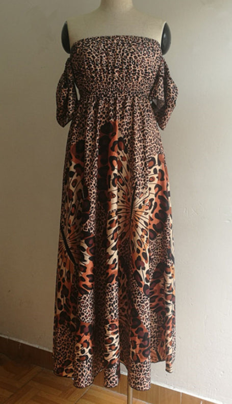 Boho Leopard Kleid Frauen Weg Schulter Rüschen Hülse Sommer Kleid Sexy Strappy Slash neck Vestido Lange Sommerkleid Party Kleider.