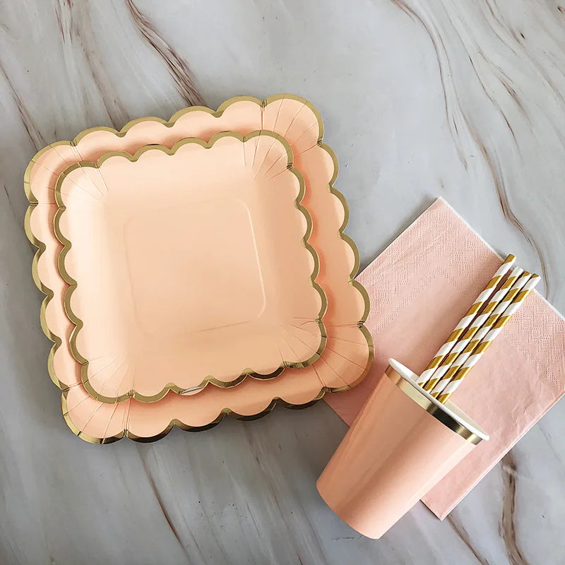 40pcs/set Yellow Green Pink Blue Paper Plates Cups Disposable Tableware Set for Wedding Birthday Party Baby Shower Supplies