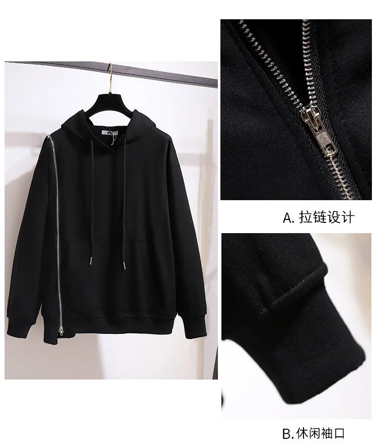 150Kg Plus Größe frauen Frühling Herbst Lose Mit Kapuze Sweatshirt Büste 154cm 6XL 7XL 8XL 9XL 10XL Lange hülse Gefälschte Zipper Top Schwarz.